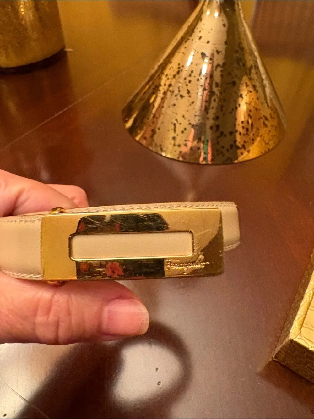 ORIGINAL  Ferragamo Leather Belt with Gold-Tone Accent - Cream